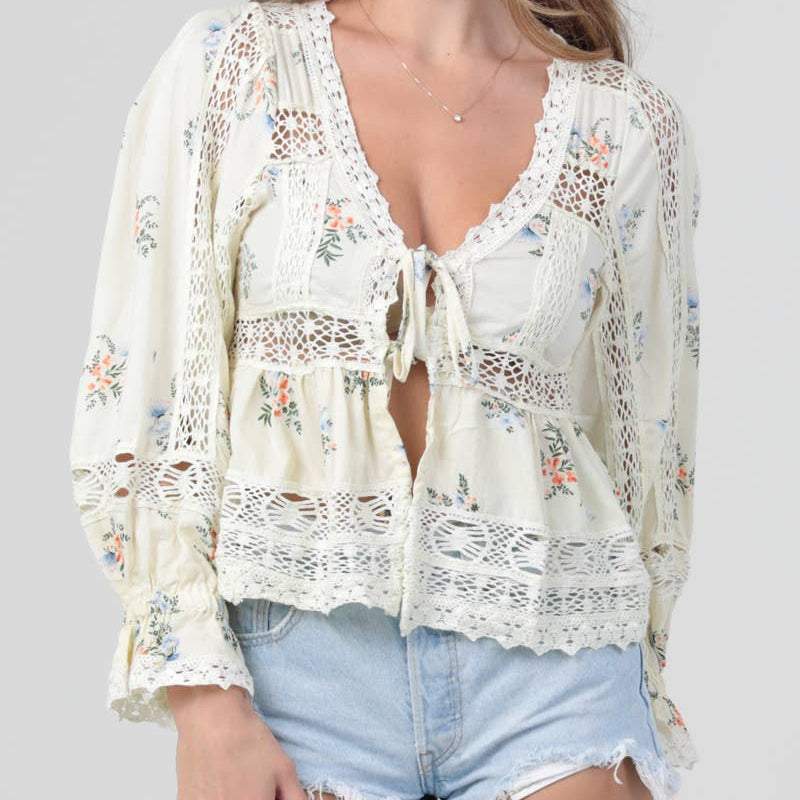 Floral Lace Tie Front Blouse