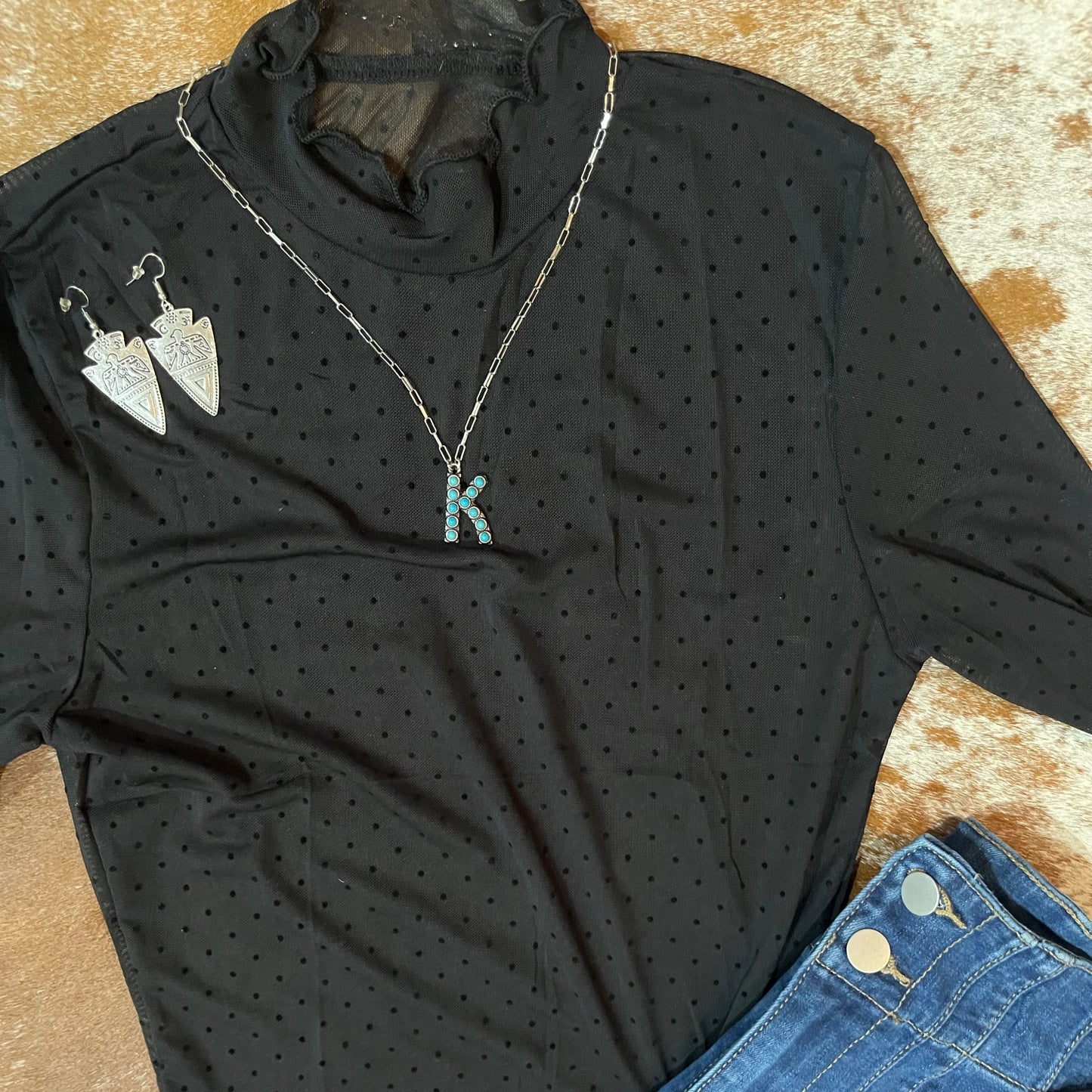 Black Polka Dot Mesh Long Sleeve Top