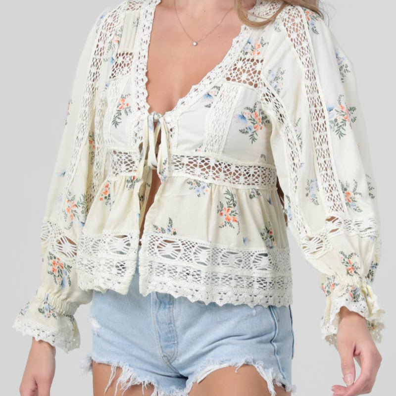 Floral Lace Tie Front Blouse