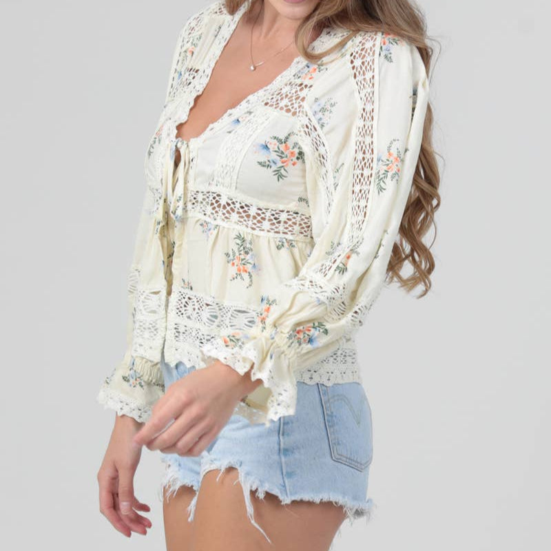Floral Lace Tie Front Blouse