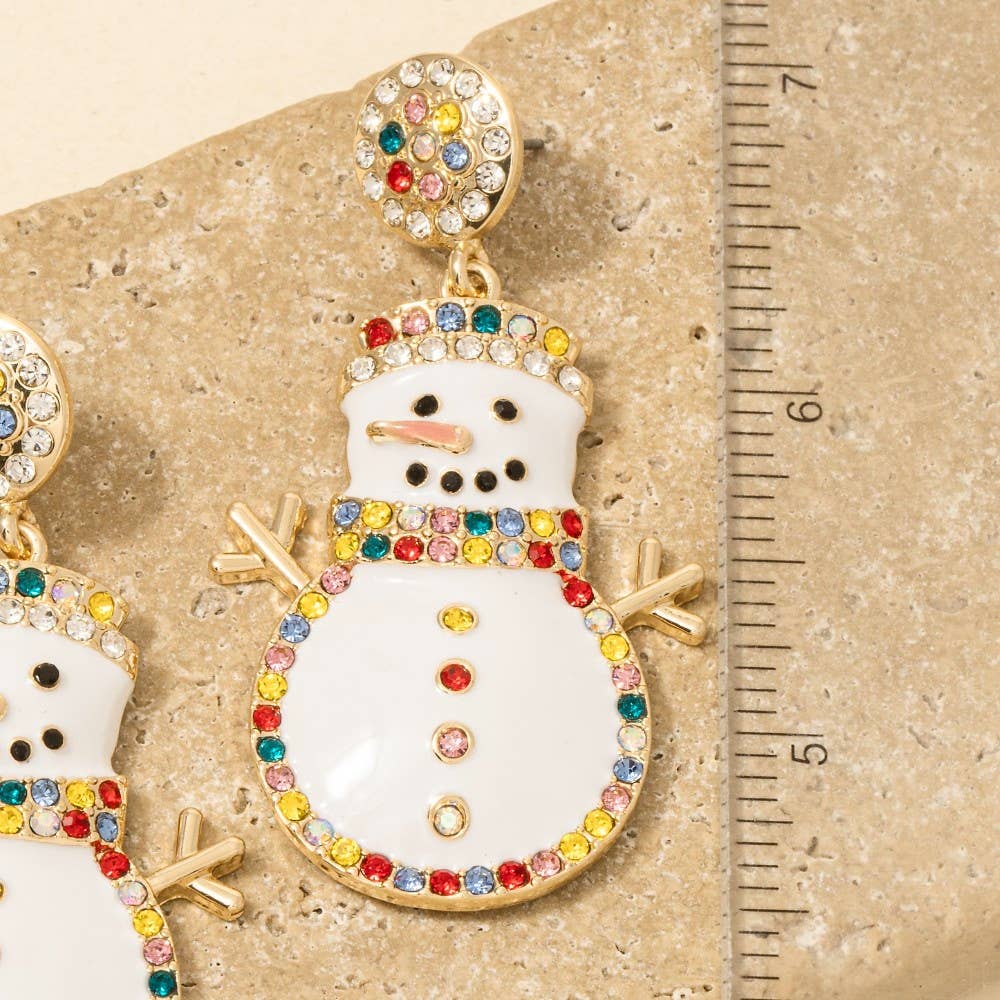 Christmas Holiday Enamel Pave Snowman Dangle Earrings