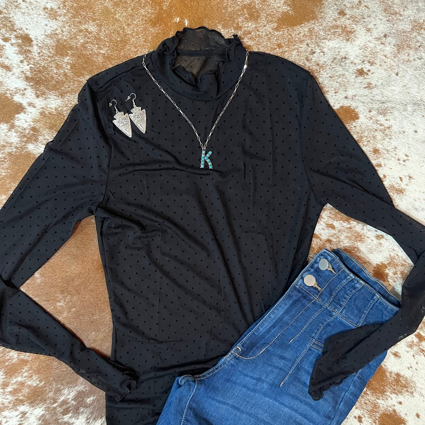 Black Polka Dot Mesh Long Sleeve Top