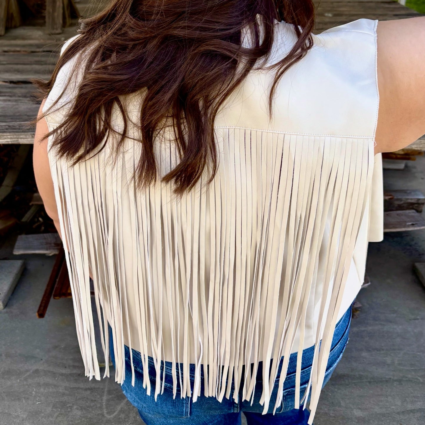 Cream Leather Fringe Crop Waist Vest