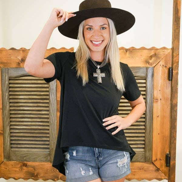 Black Crewneck Top W Hi Low Hem