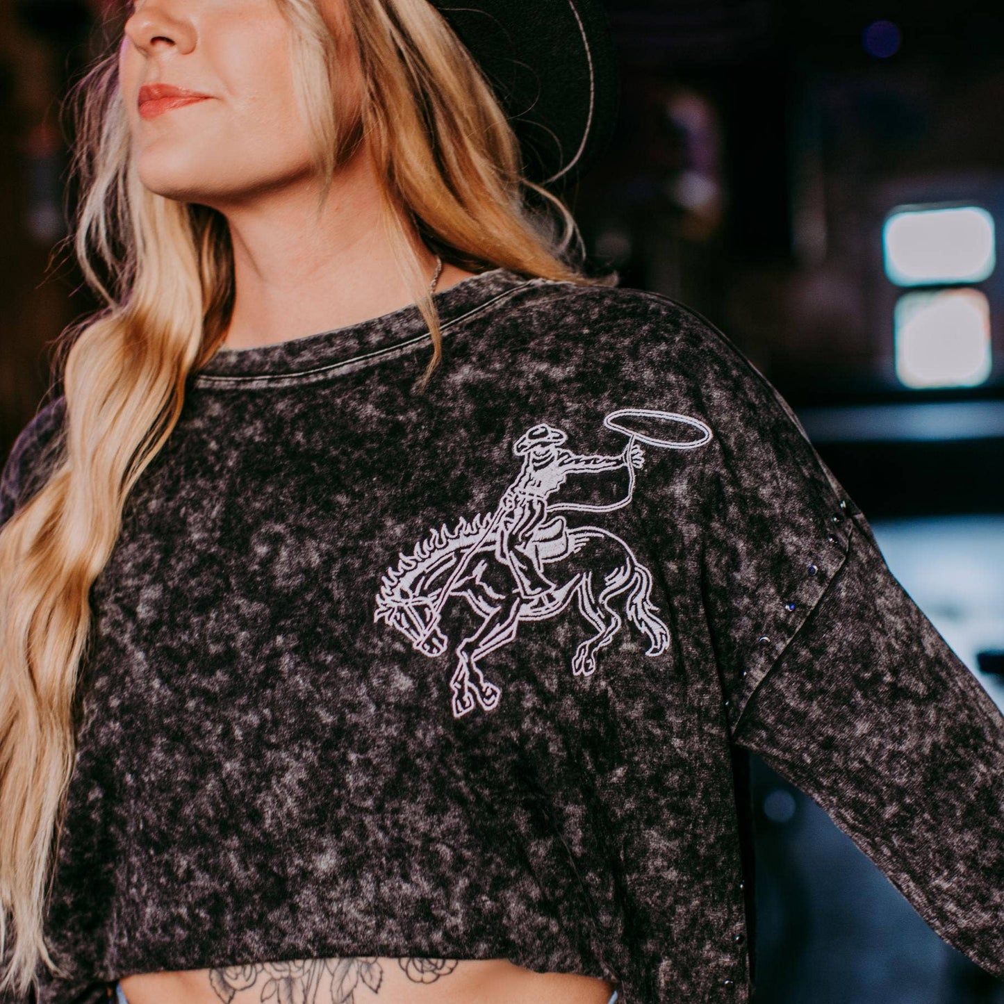 Acid washed Embroidery Studded Crop Sweatshirt