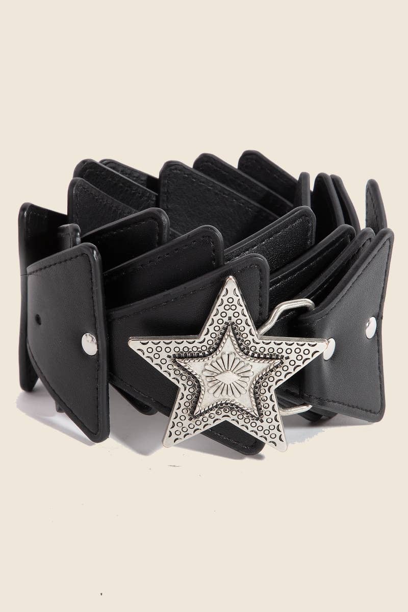 Intricate Star Buckle Leather Chain Belt