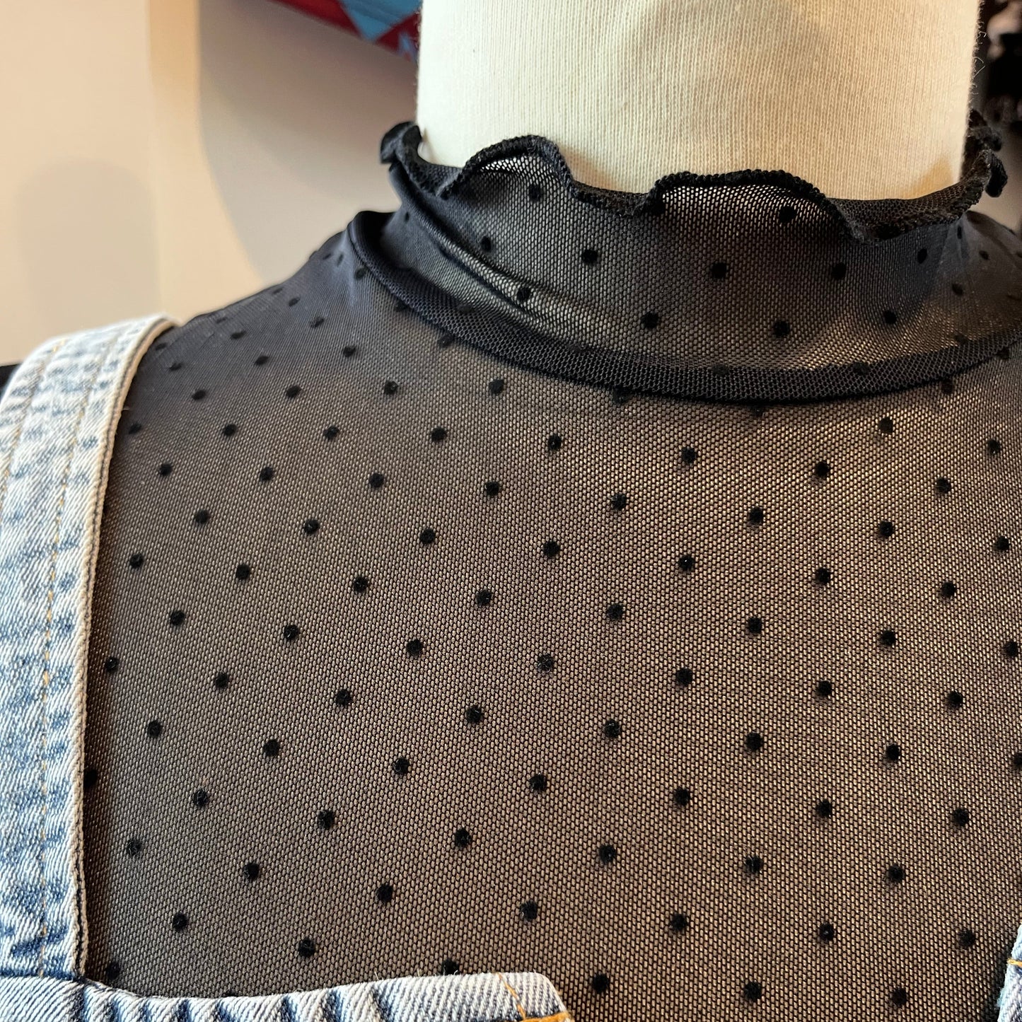 Black Polka Dot Mesh Long Sleeve Top