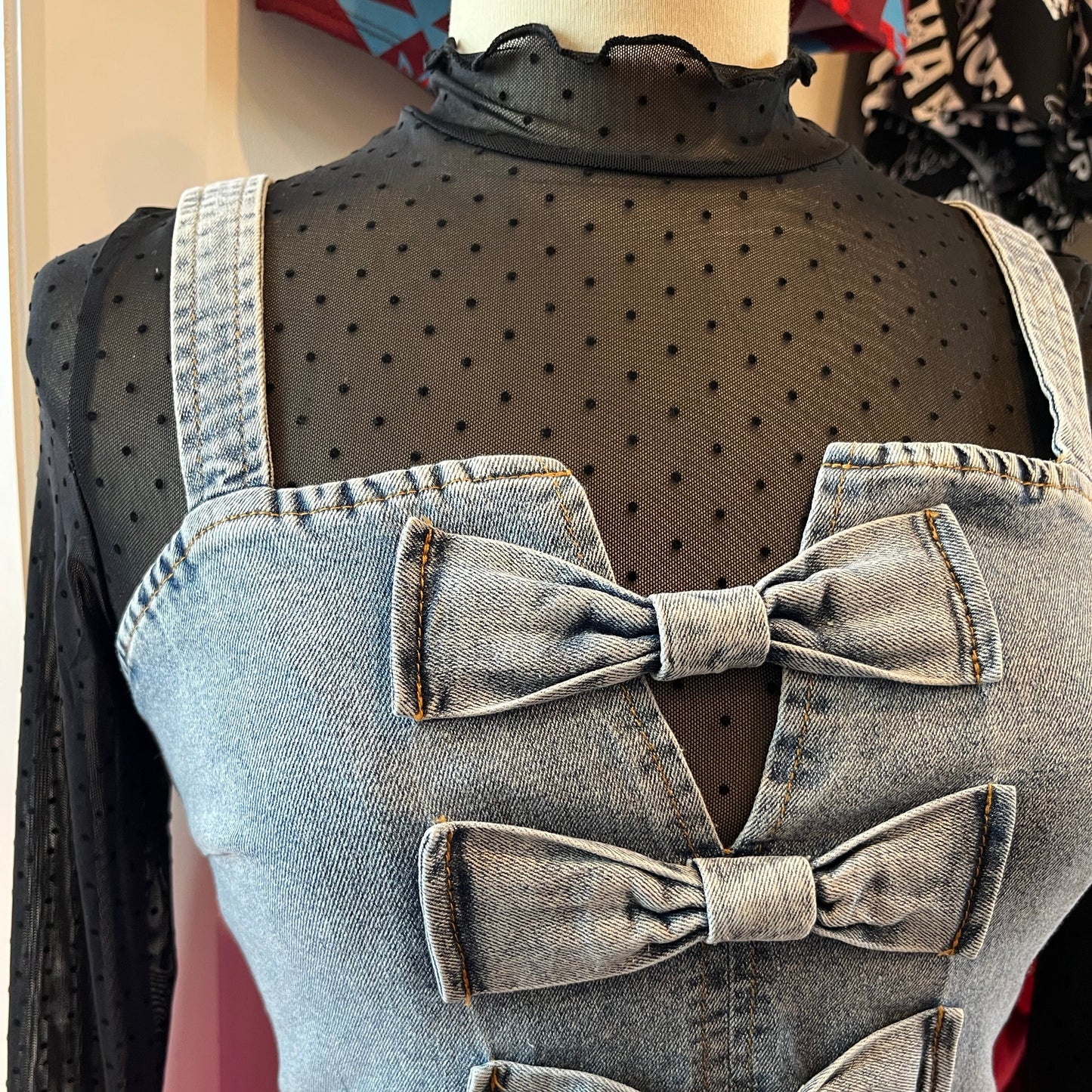 Black Polka Dot Mesh Long Sleeve Top