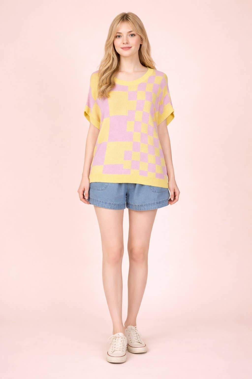 12W3365N-Dolman Sleeve Checkered Knit Casual Sweater Top