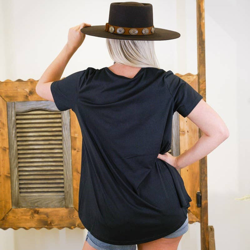 Black Crewneck Top W Hi Low Hem