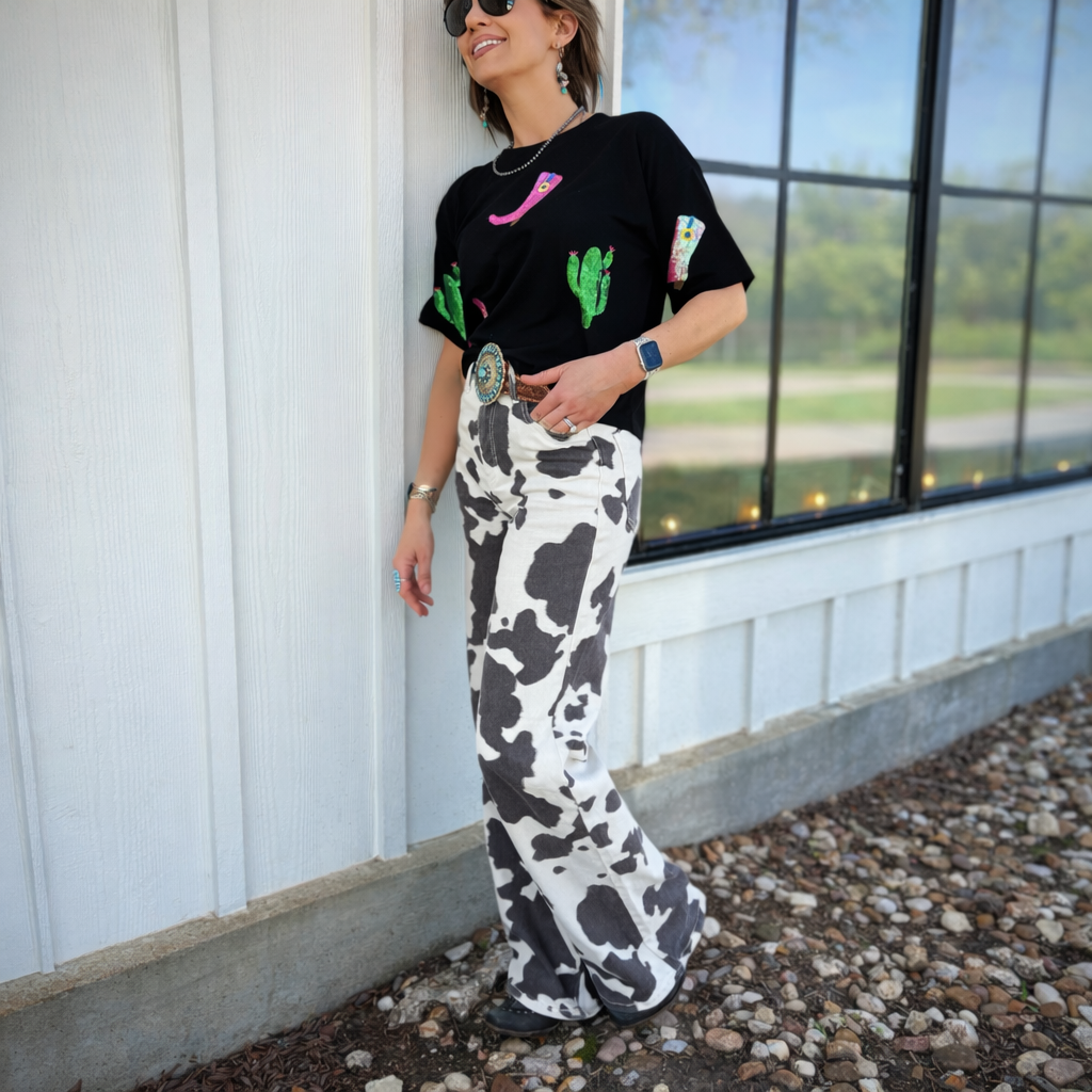 Cow Print Wide Leg Jeans