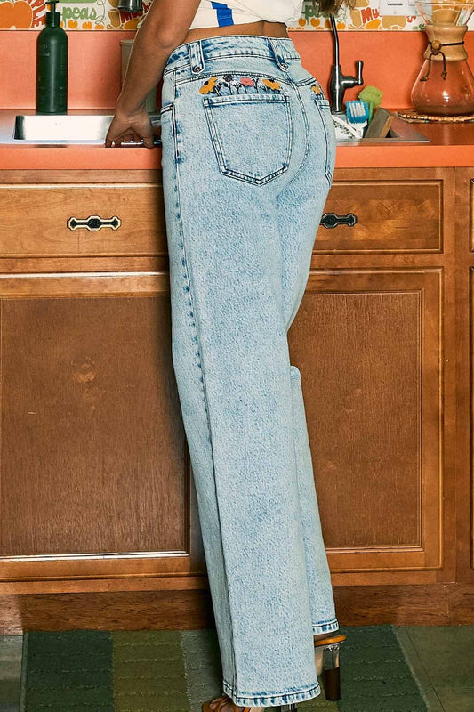Flower Embroidery Wide Leg Jeans