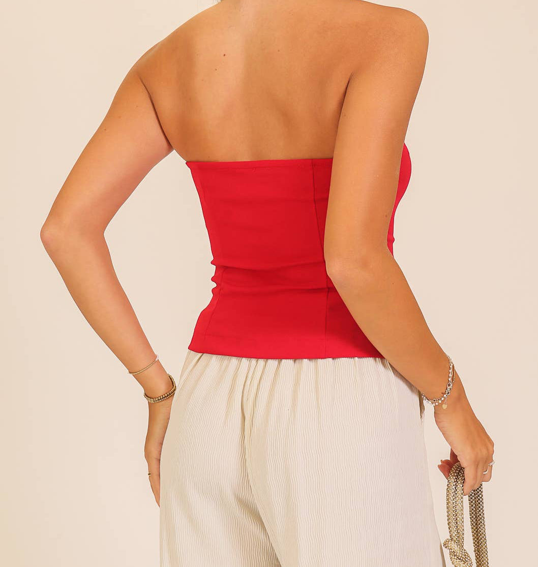 Red Button Front Strapless Top