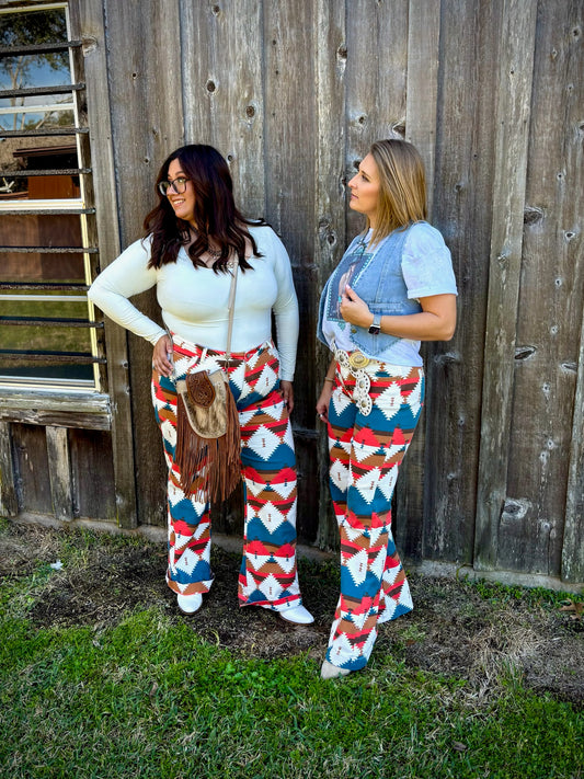 Teal Red Aztec Tummy Control Wide Leg Jeans