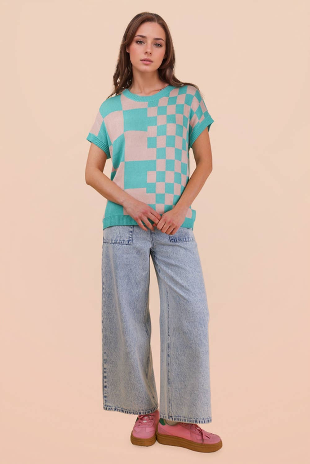 12W3365N-Dolman Sleeve Checkered Knit Casual Sweater Top