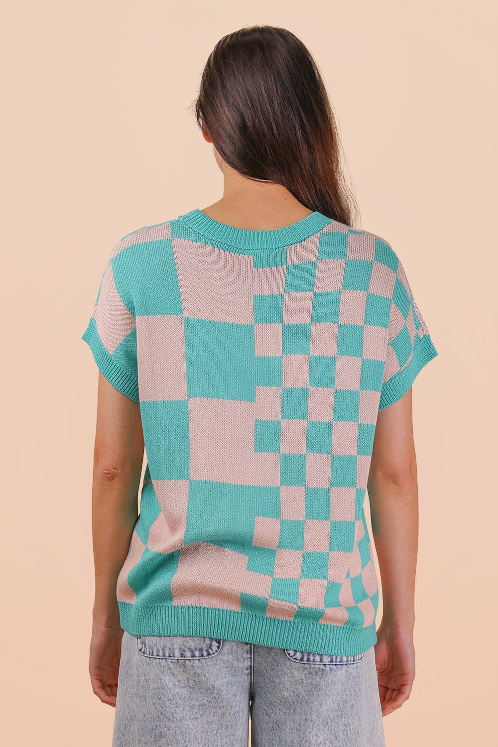 12W3365N-Dolman Sleeve Checkered Knit Casual Sweater Top
