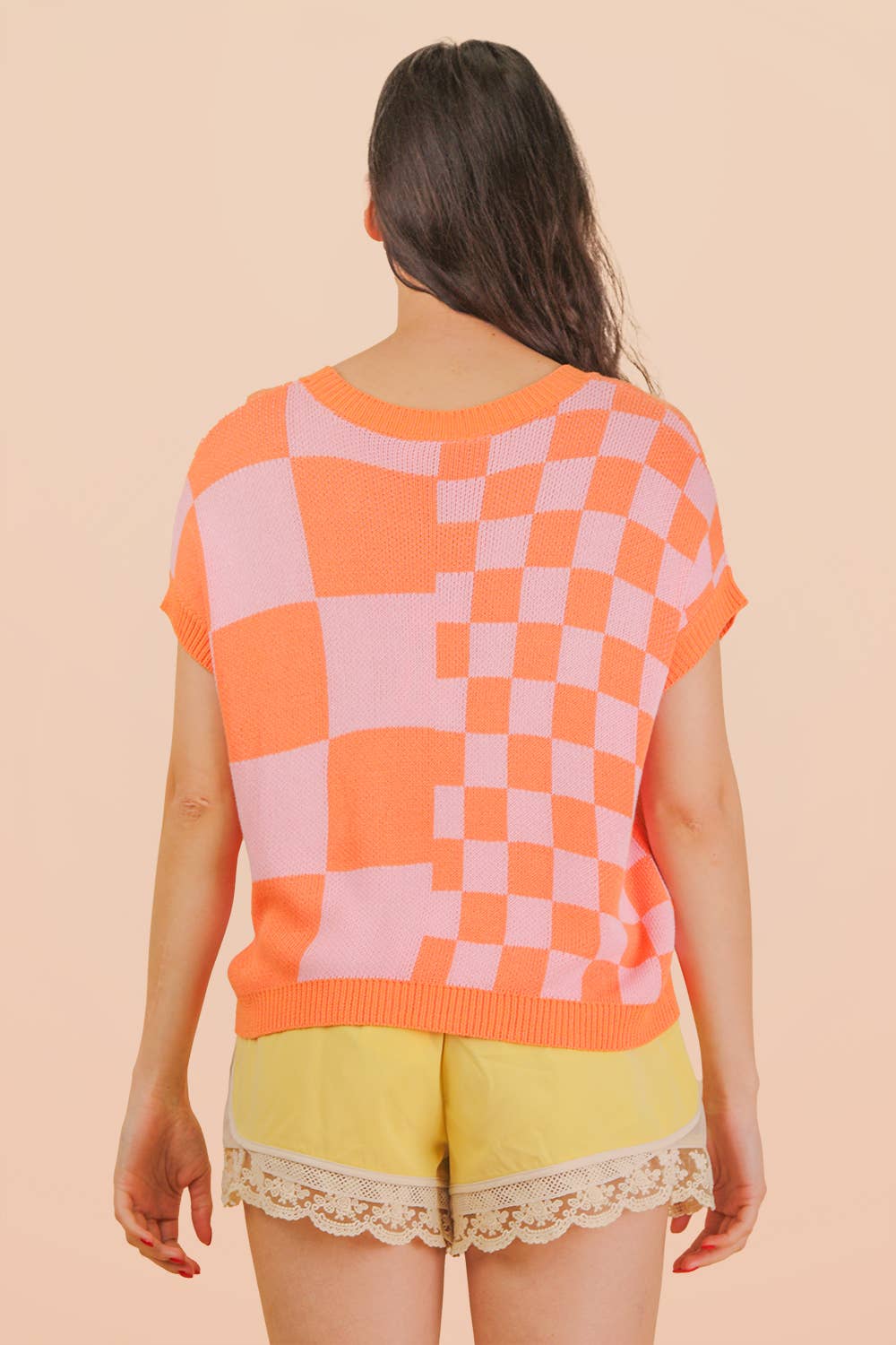 12W3365N-Dolman Sleeve Checkered Knit Casual Sweater Top