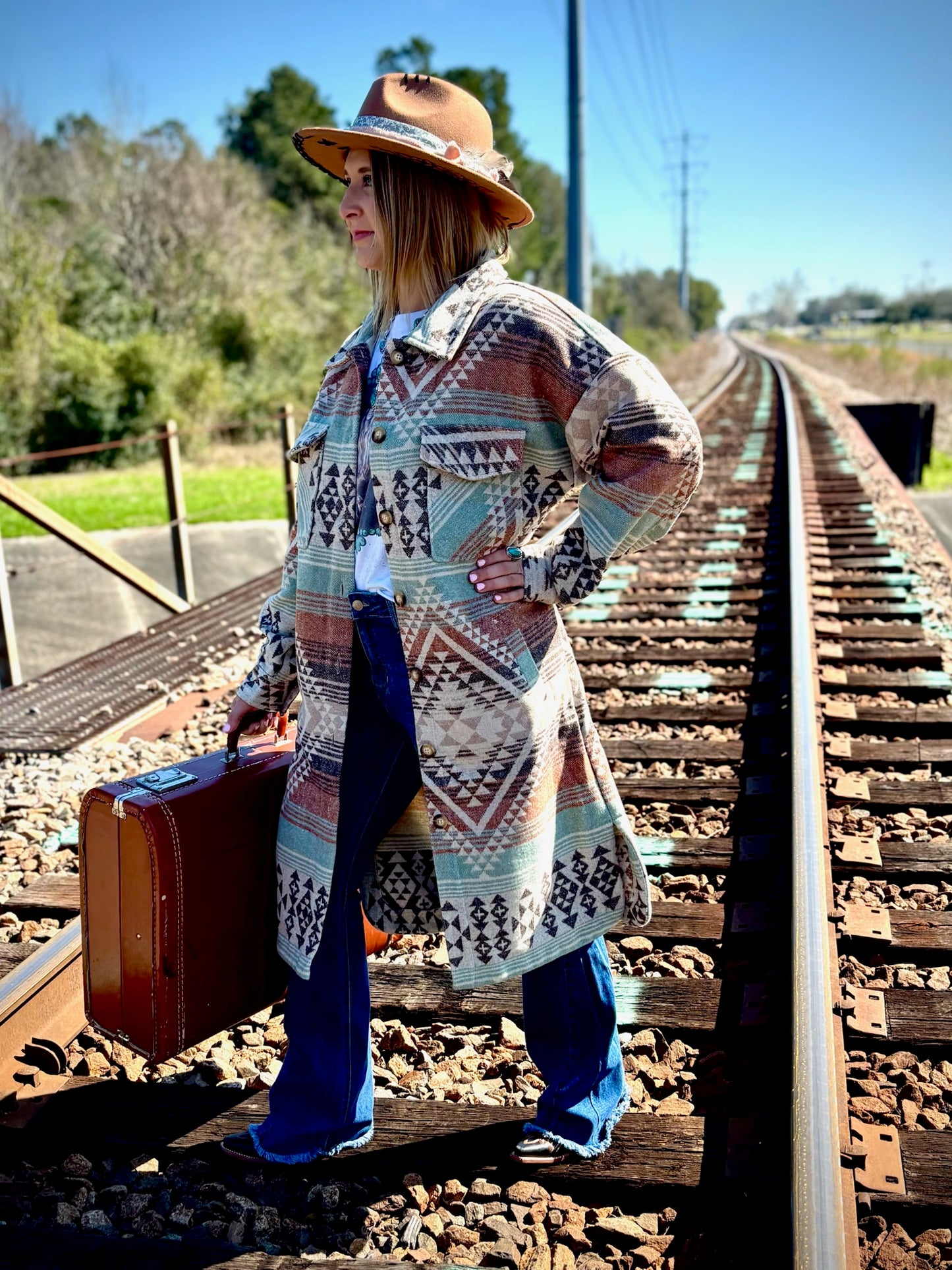 Sage Aztec & Plaid Printed Coat