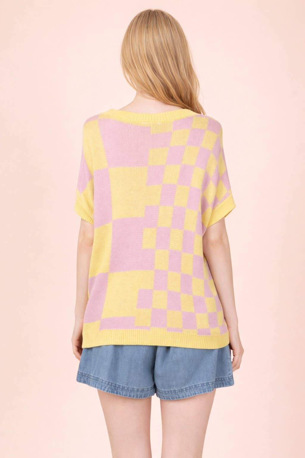 12W3365N-Dolman Sleeve Checkered Knit Casual Sweater Top