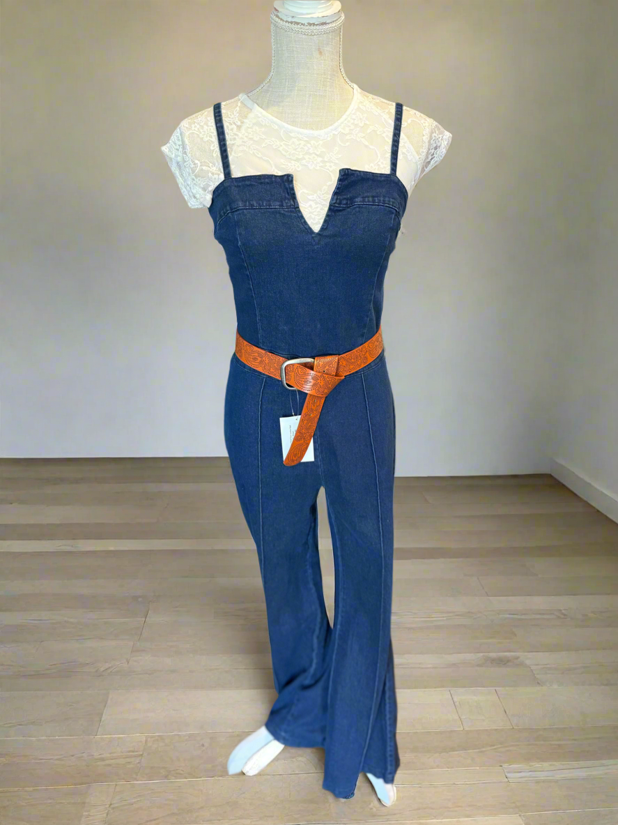 Meg Dark Denim Spaghetti Strap Jumpsuit