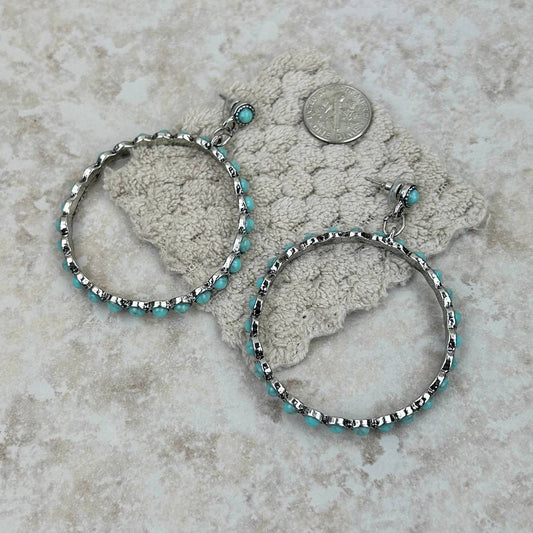 Silver Hoop Earrings with Turquoise Stones