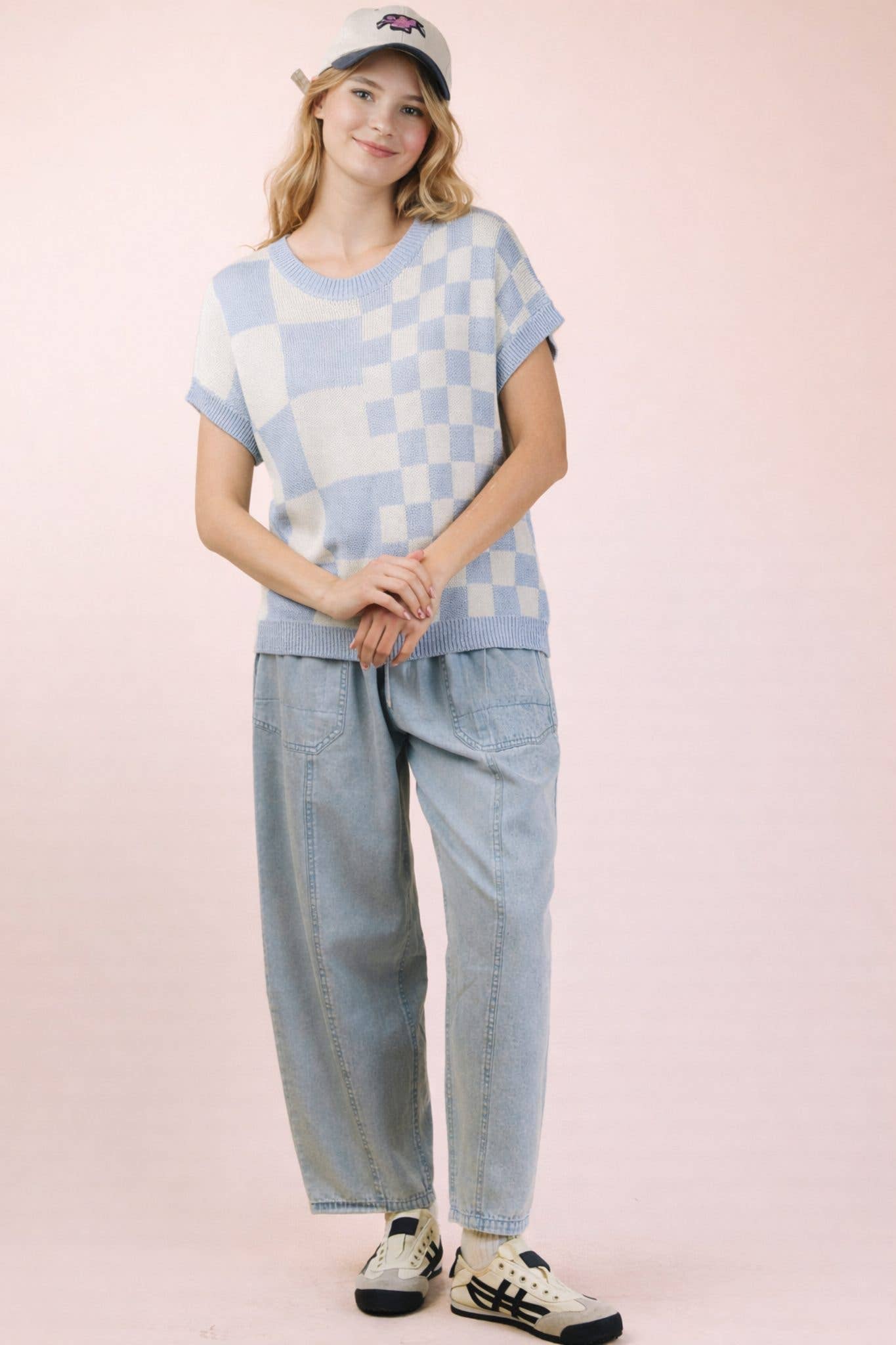 12W3365N-Dolman Sleeve Checkered Knit Casual Sweater Top