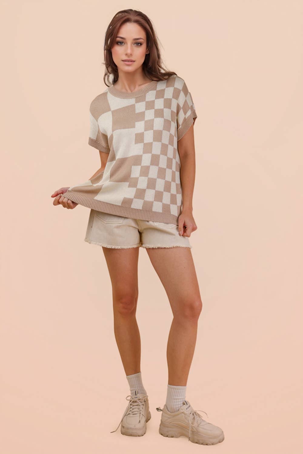 12W3365N-Dolman Sleeve Checkered Knit Casual Sweater Top