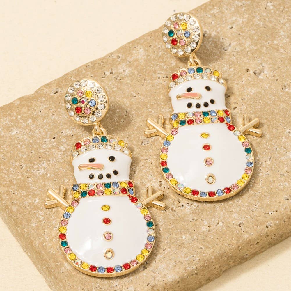 Christmas Holiday Enamel Pave Snowman Dangle Earrings