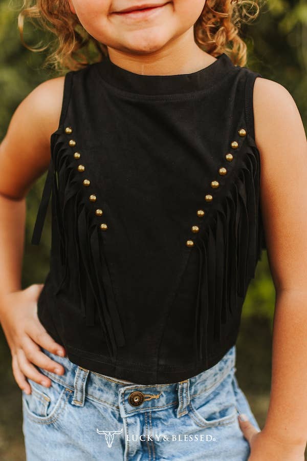 Girls Black Suede Fringe Top