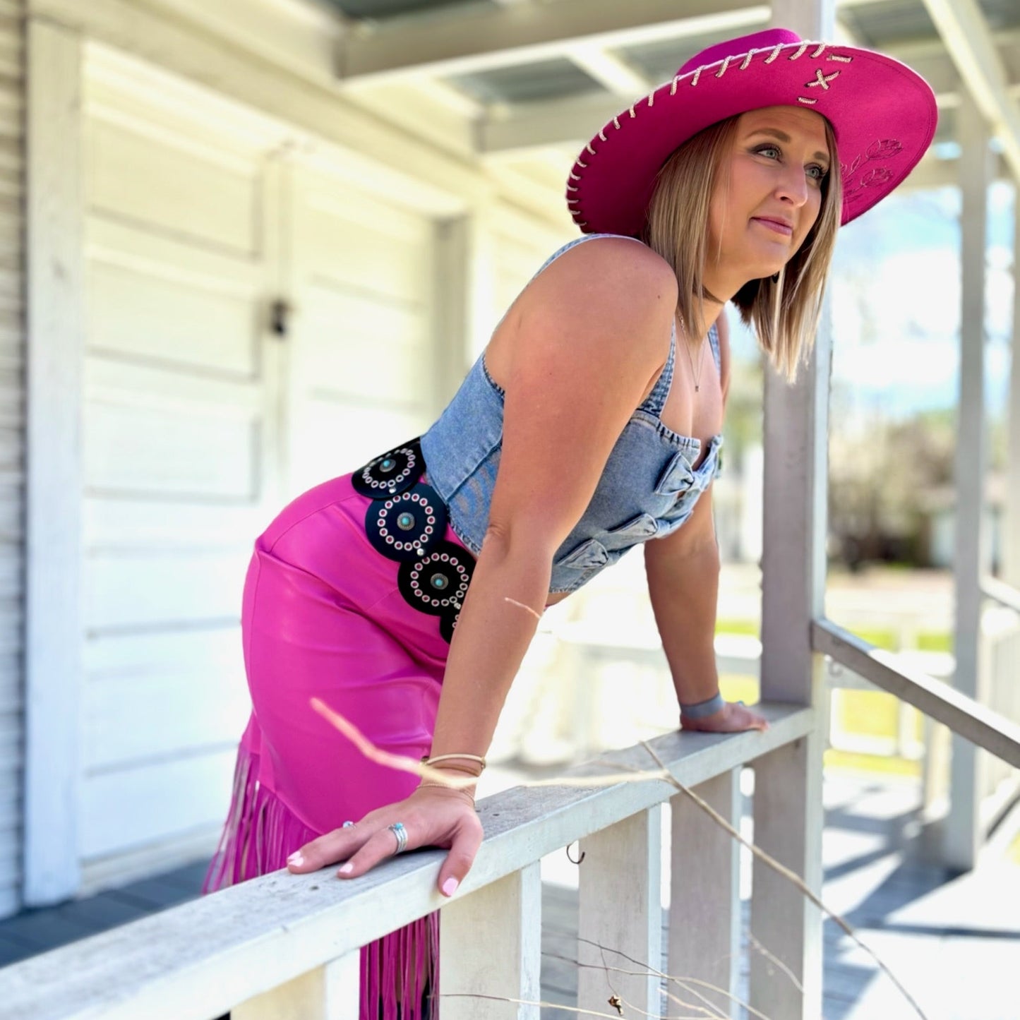 Pink Leather Fringe Pencil Skirt