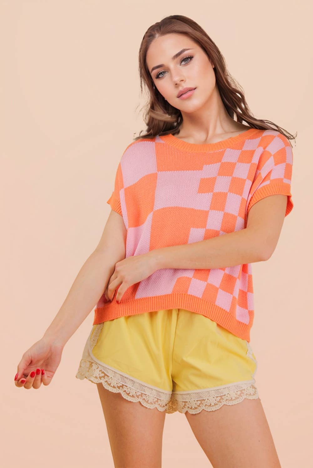 12W3365N-Dolman Sleeve Checkered Knit Casual Sweater Top