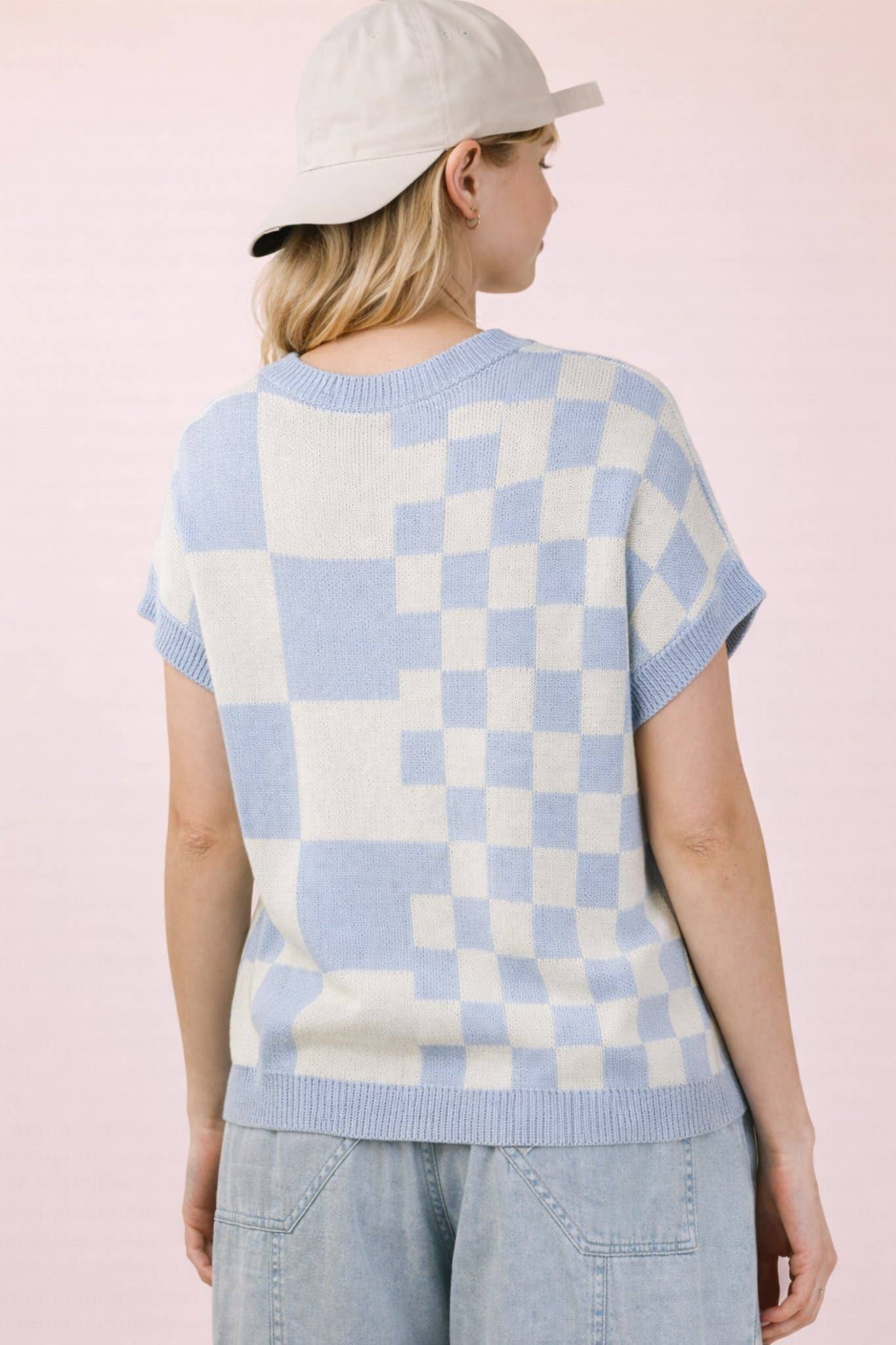 12W3365N-Dolman Sleeve Checkered Knit Casual Sweater Top