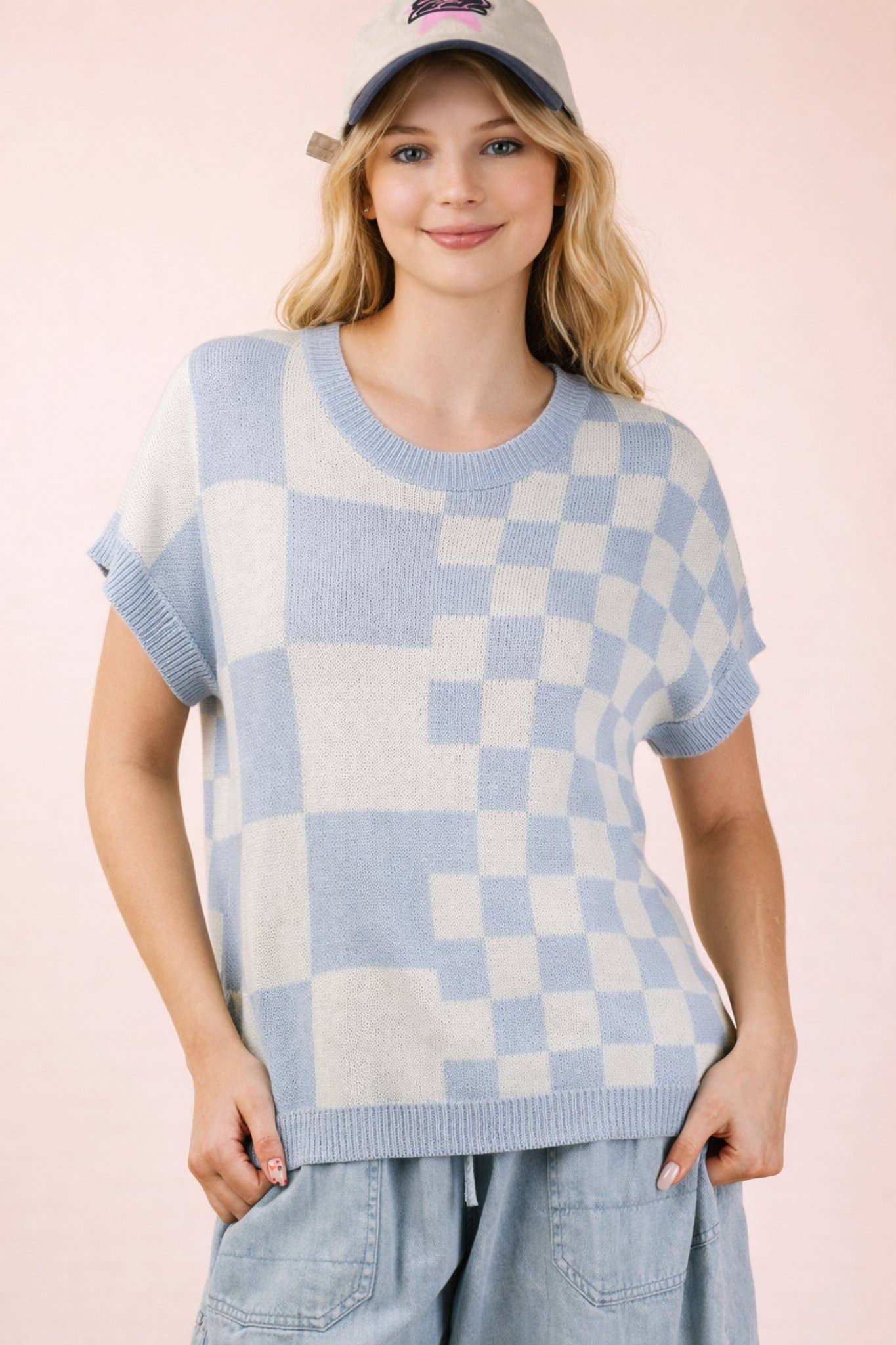 12W3365N-Dolman Sleeve Checkered Knit Casual Sweater Top