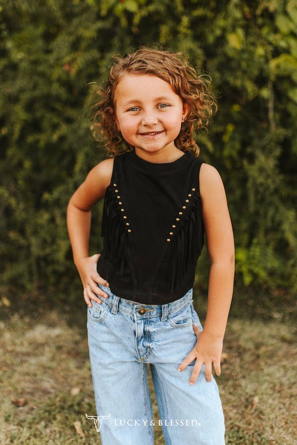 Girls Black Suede Fringe Top