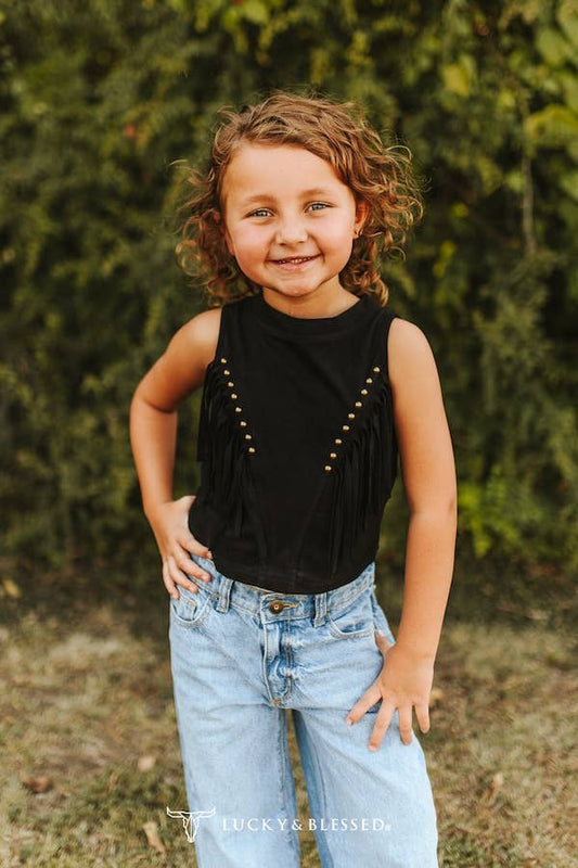 Girls Black Suede Fringe Top
