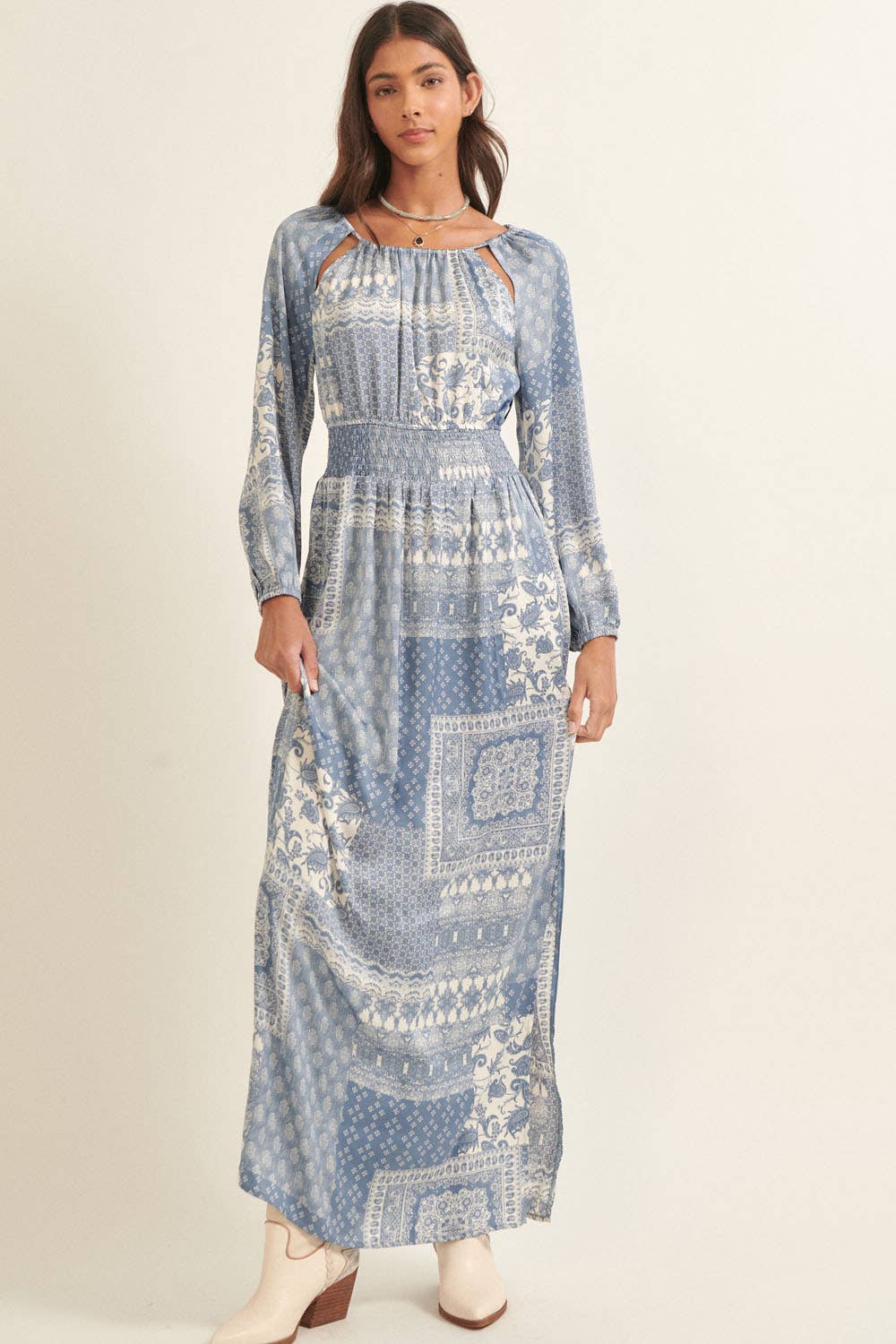 Paisley Patchwork Round Neck Drawstring Maxi Dress