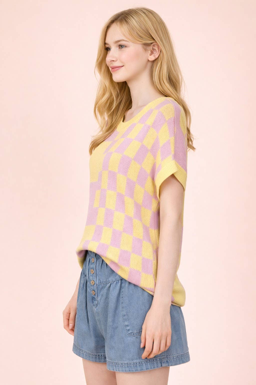 12W3365N-Dolman Sleeve Checkered Knit Casual Sweater Top