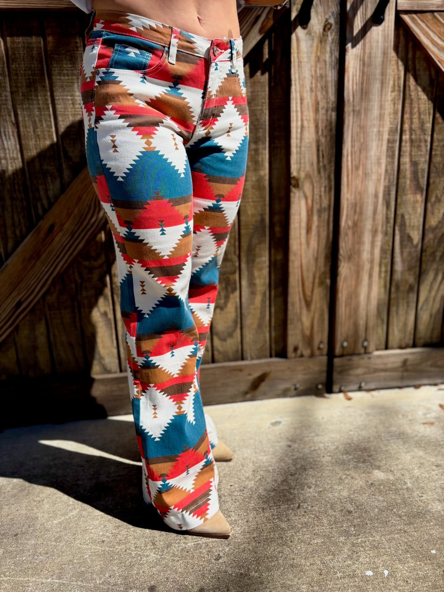 Teal Red Aztec Tummy Control Wide Leg Jeans