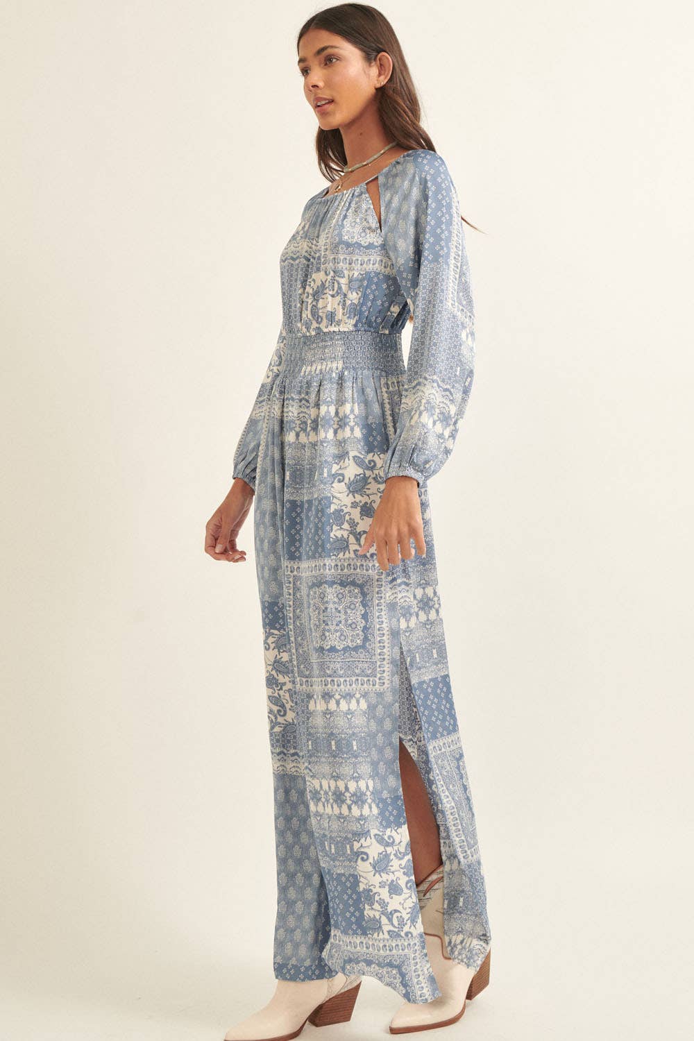 Paisley Patchwork Round Neck Drawstring Maxi Dress