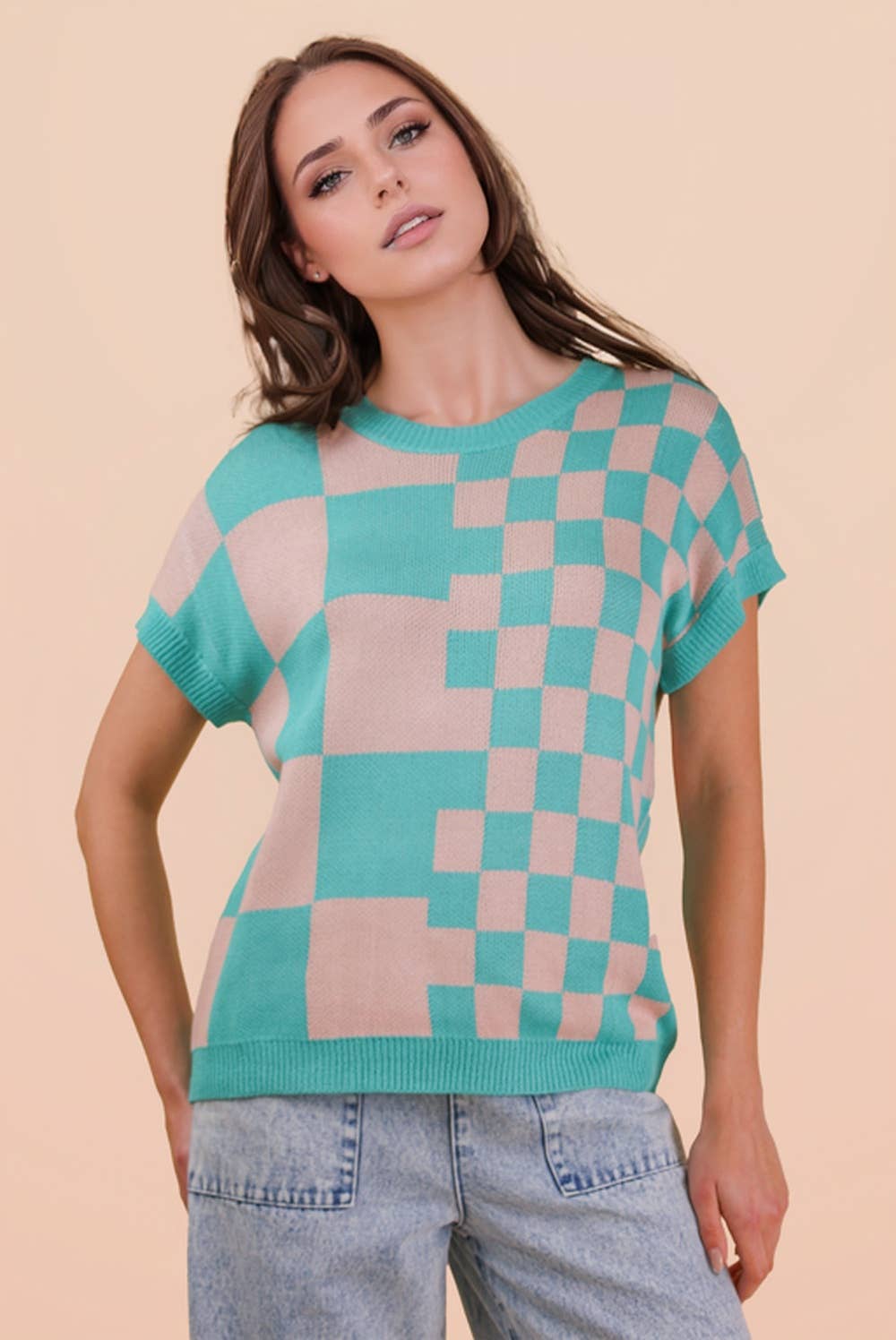 12W3365N-Dolman Sleeve Checkered Knit Casual Sweater Top