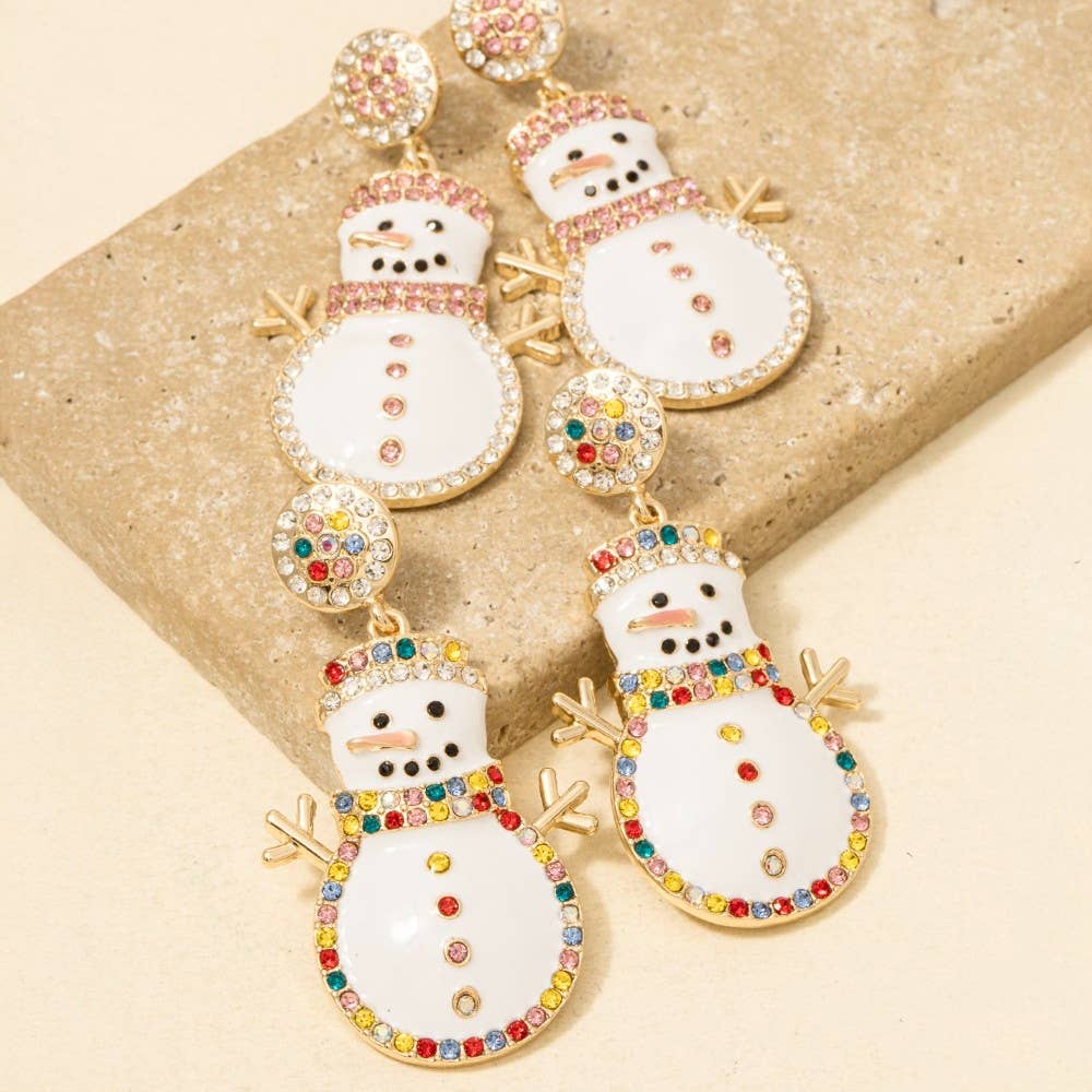 Christmas Holiday Enamel Pave Snowman Dangle Earrings