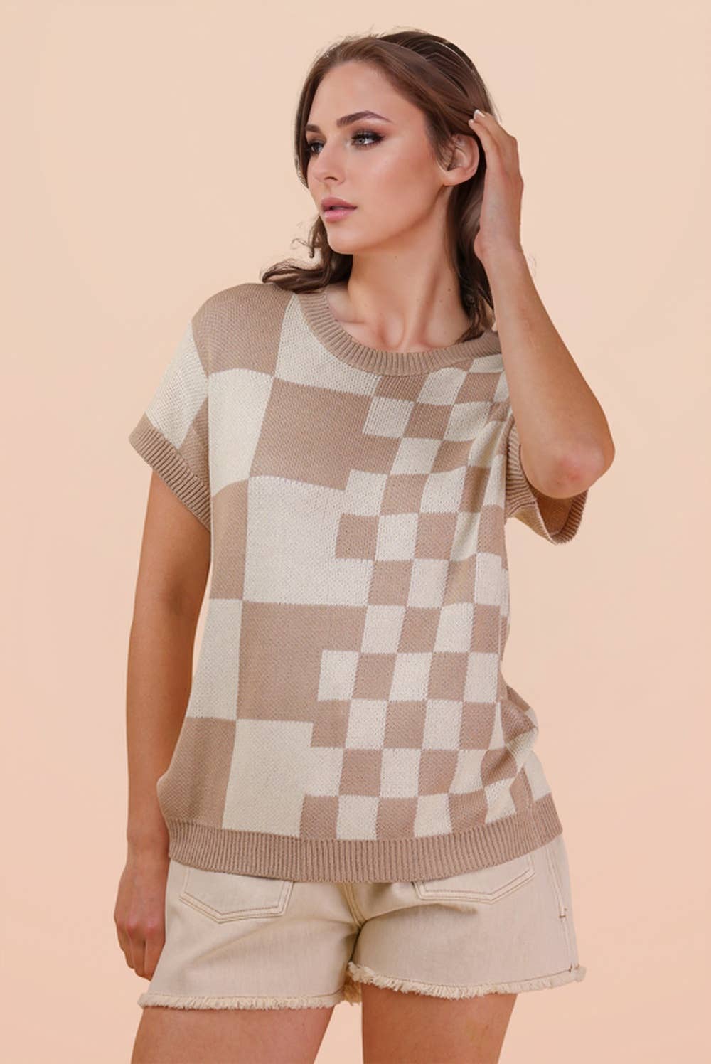 12W3365N-Dolman Sleeve Checkered Knit Casual Sweater Top
