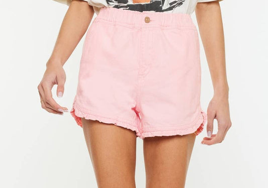 Pink High Waisted Denim Ruffle Shorts