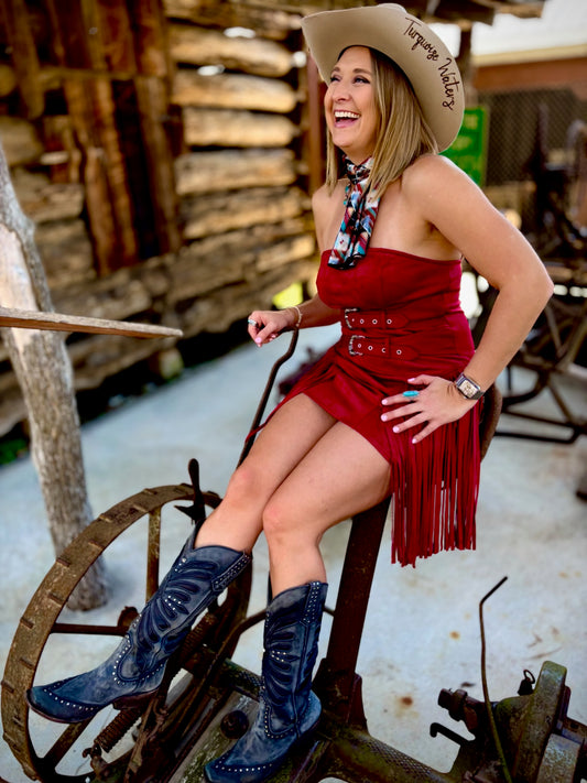 Red Suede Fringe Belted Strapless Dress