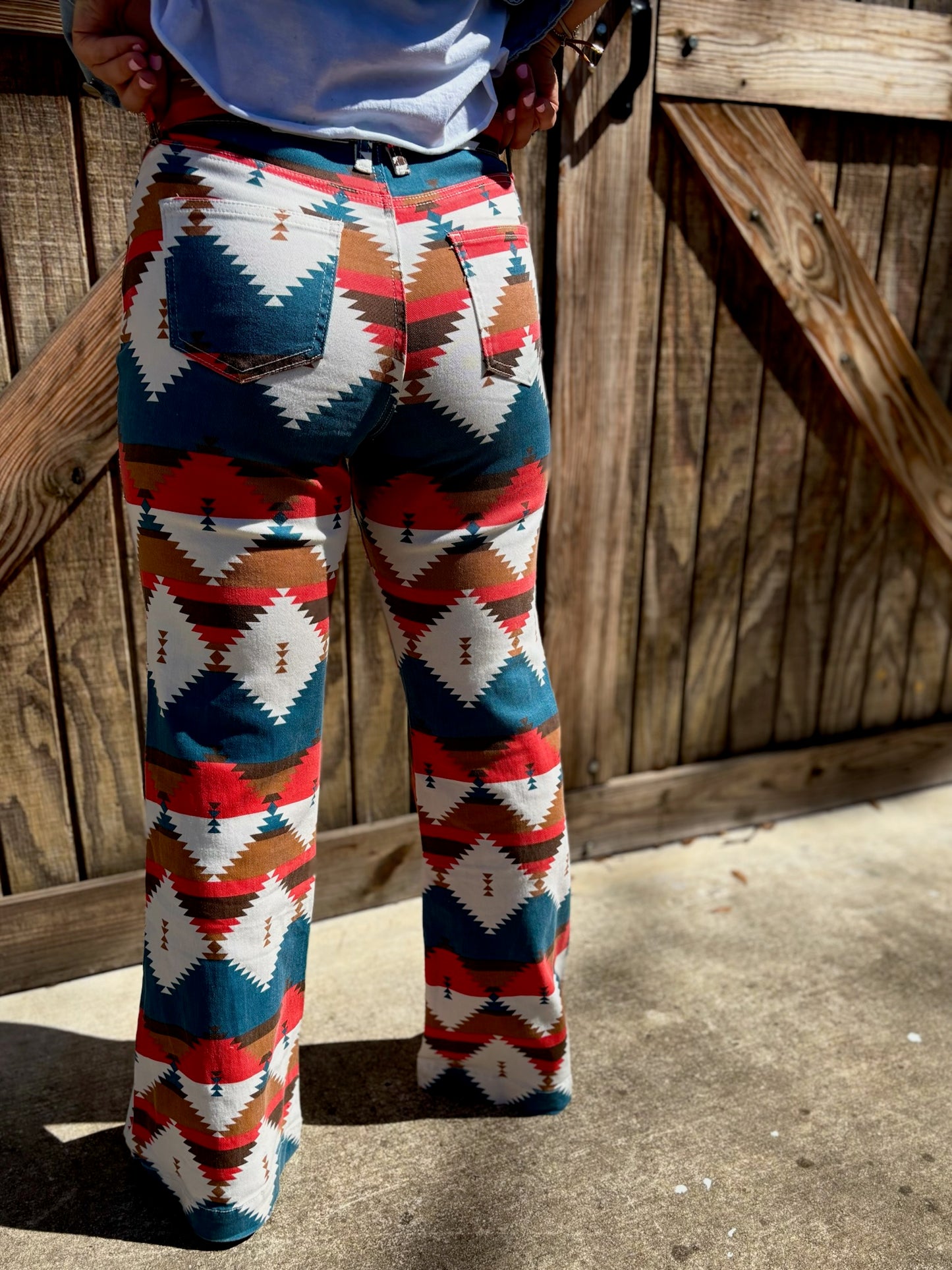Teal Red Aztec Tummy Control Wide Leg Jeans
