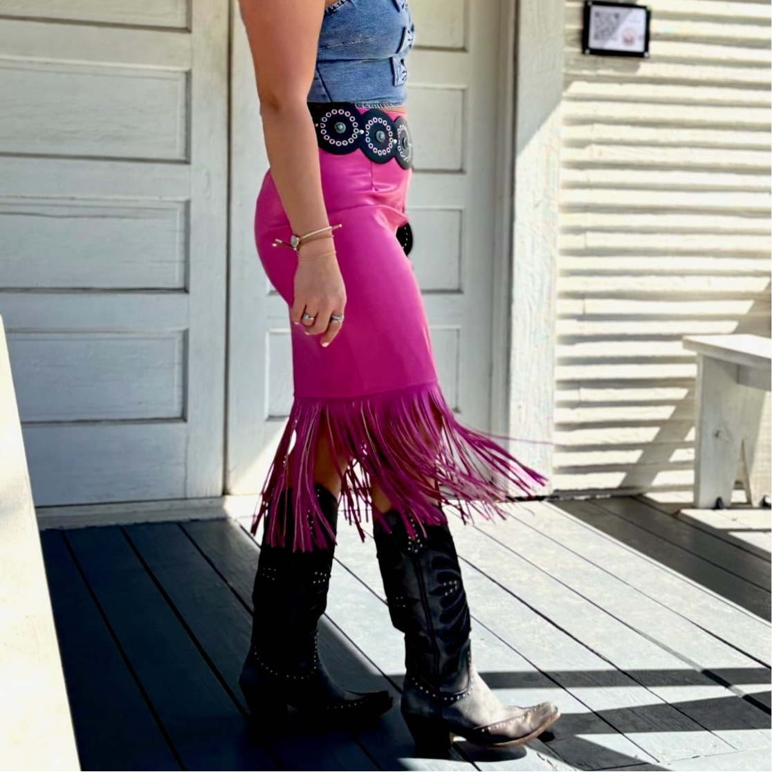 Pink Leather Fringe Pencil Skirt