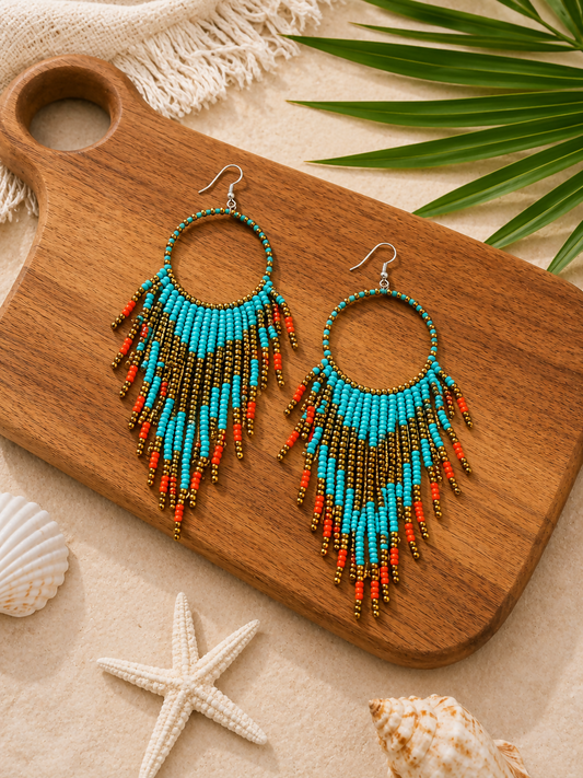 Turquoise Tide Beaded Hoop Earrings