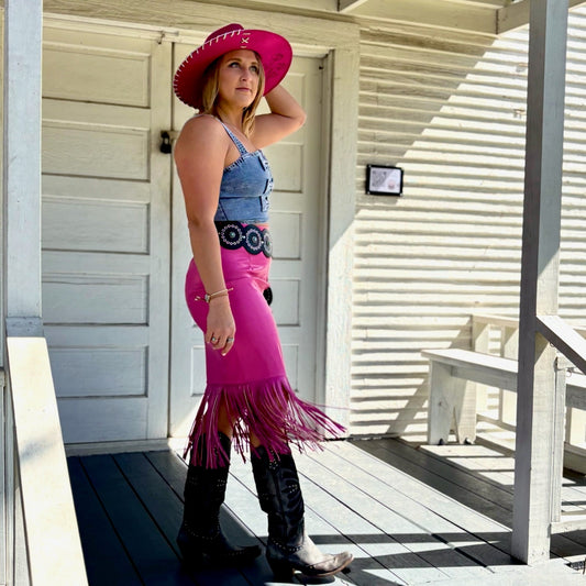 Pink Leather Fringe Pencil Skirt