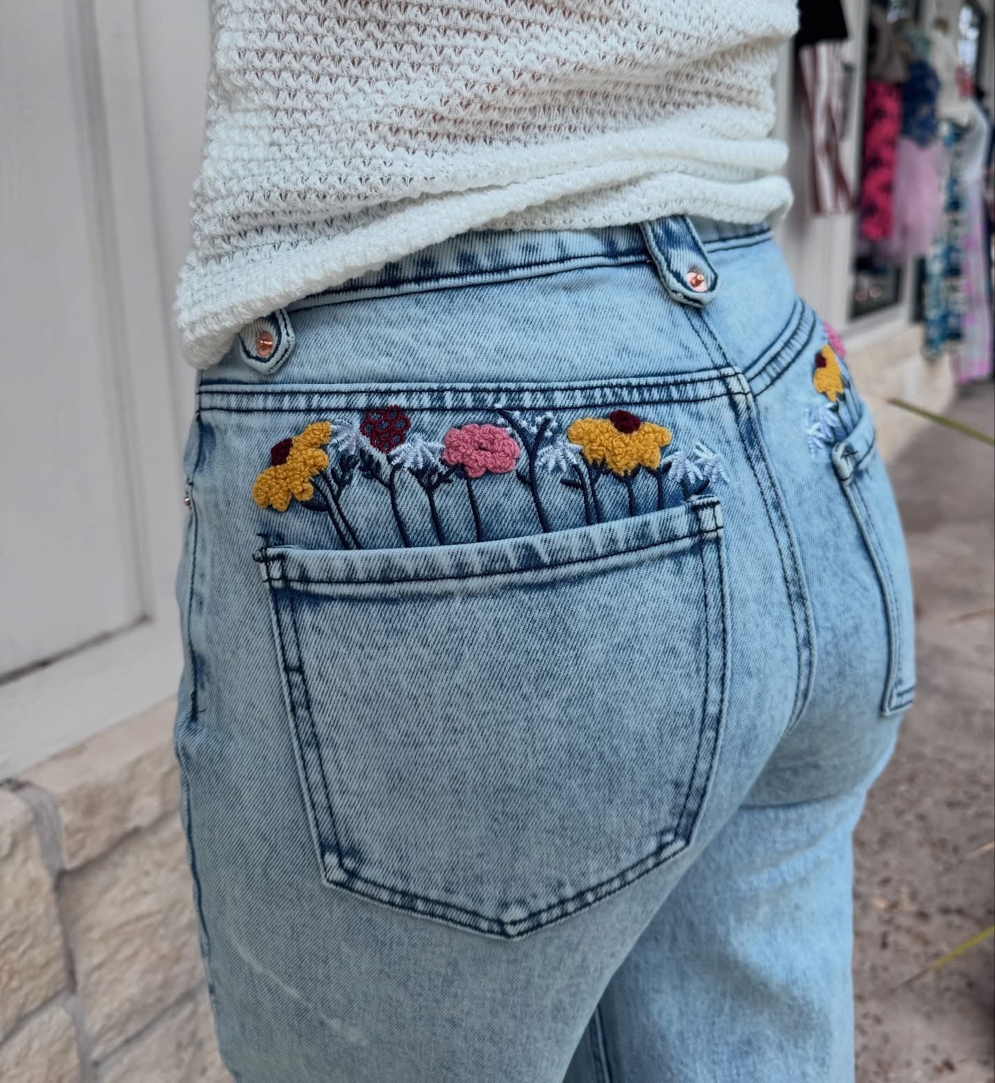 Flower Embroidery Wide Leg Jeans
