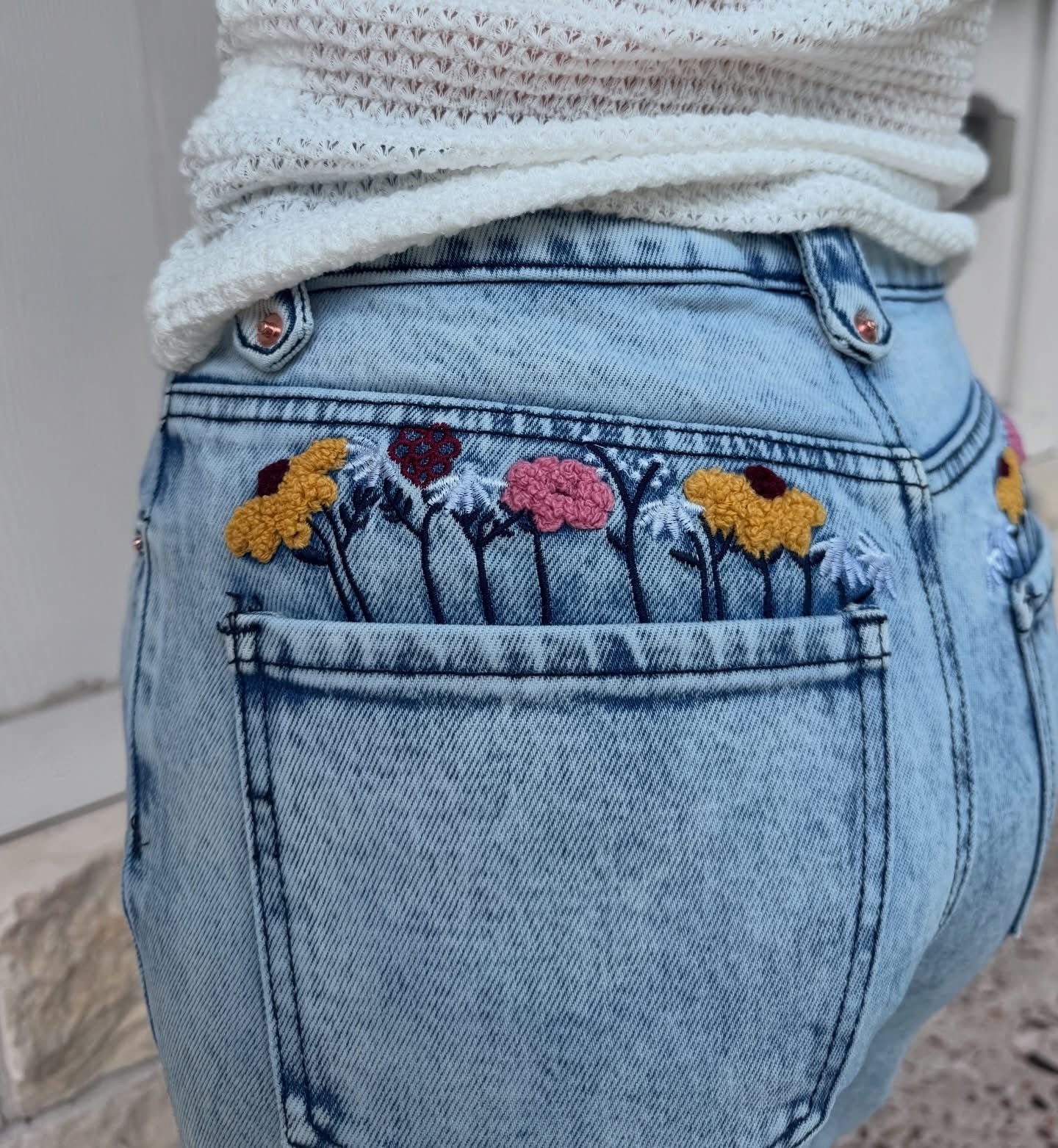 Flower Embroidery Wide Leg Jeans